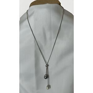 Beautiful Vtg Silver Tone Bolo Style Faux Pearl Necklace By LR.